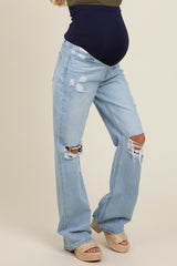 Light Blue Distressed Open Knee Flare Maternity Jeans