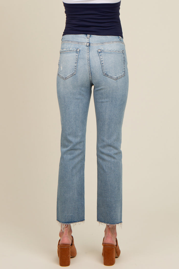 Blue Fringe Hem Cropped Slim Straight  Maternity Jeans
