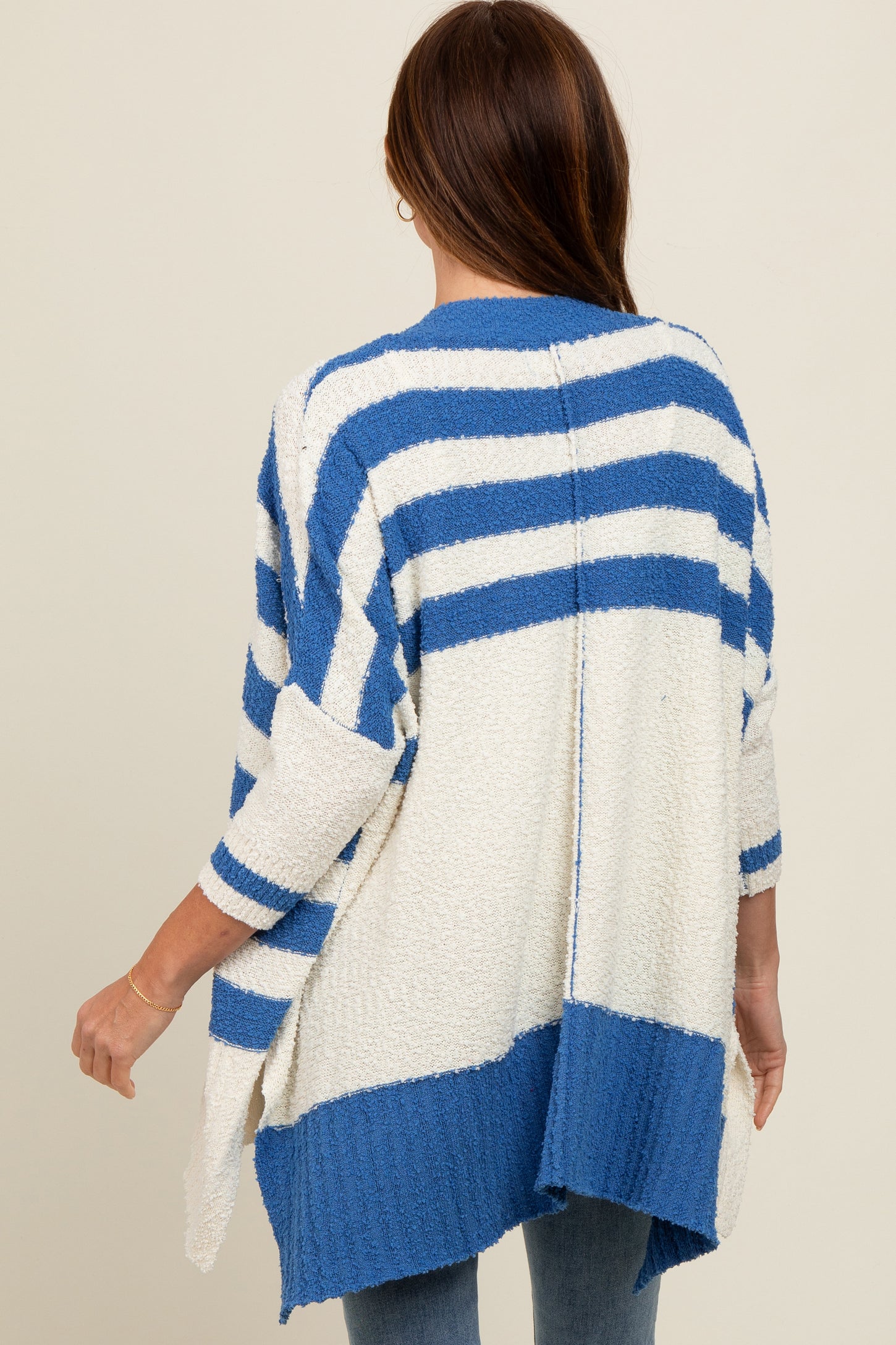 Blue Textured Knit Striped Oversized Cardigan