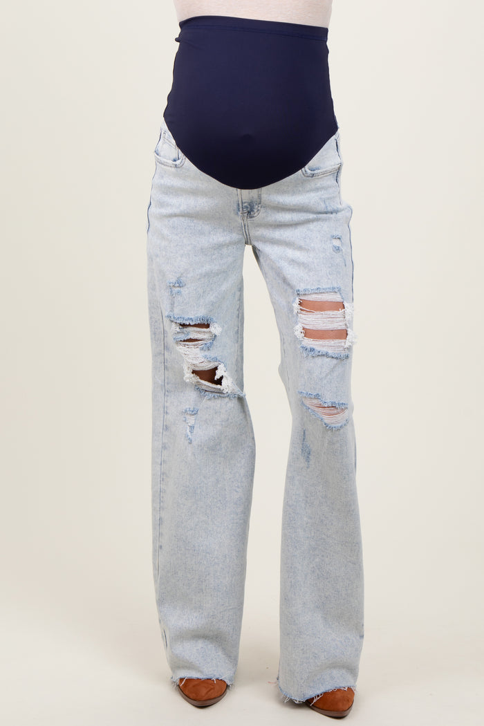 Light Blue Distressed Open Knee Wide Leg Maternity Jeans