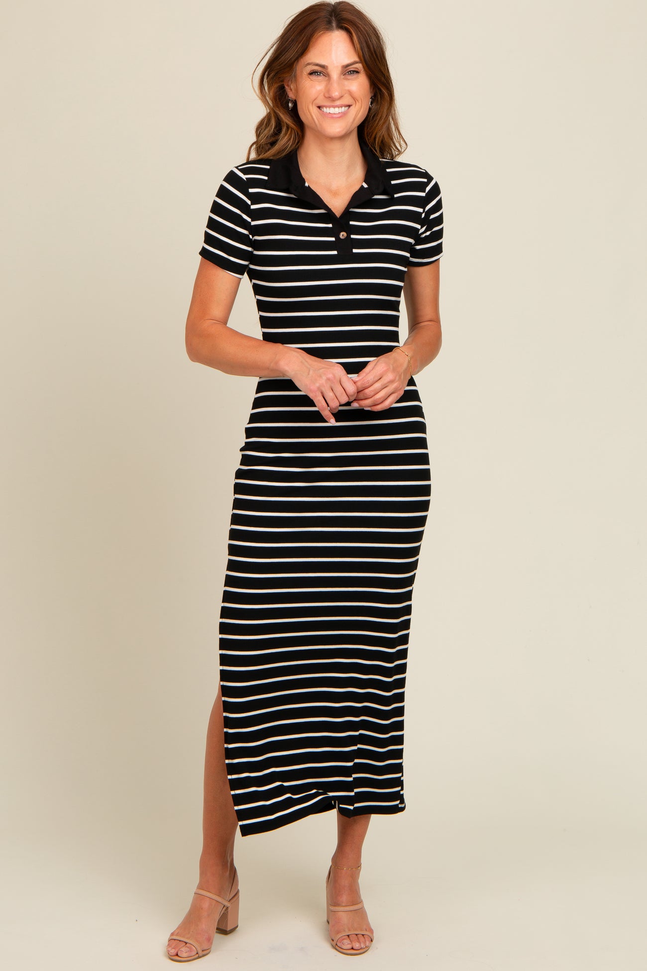 Black Striped Collared Side Slit Maternity Maxi Dress