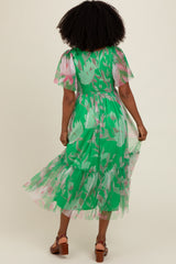 Green Leaf Print Mesh Smocked Midi Dress