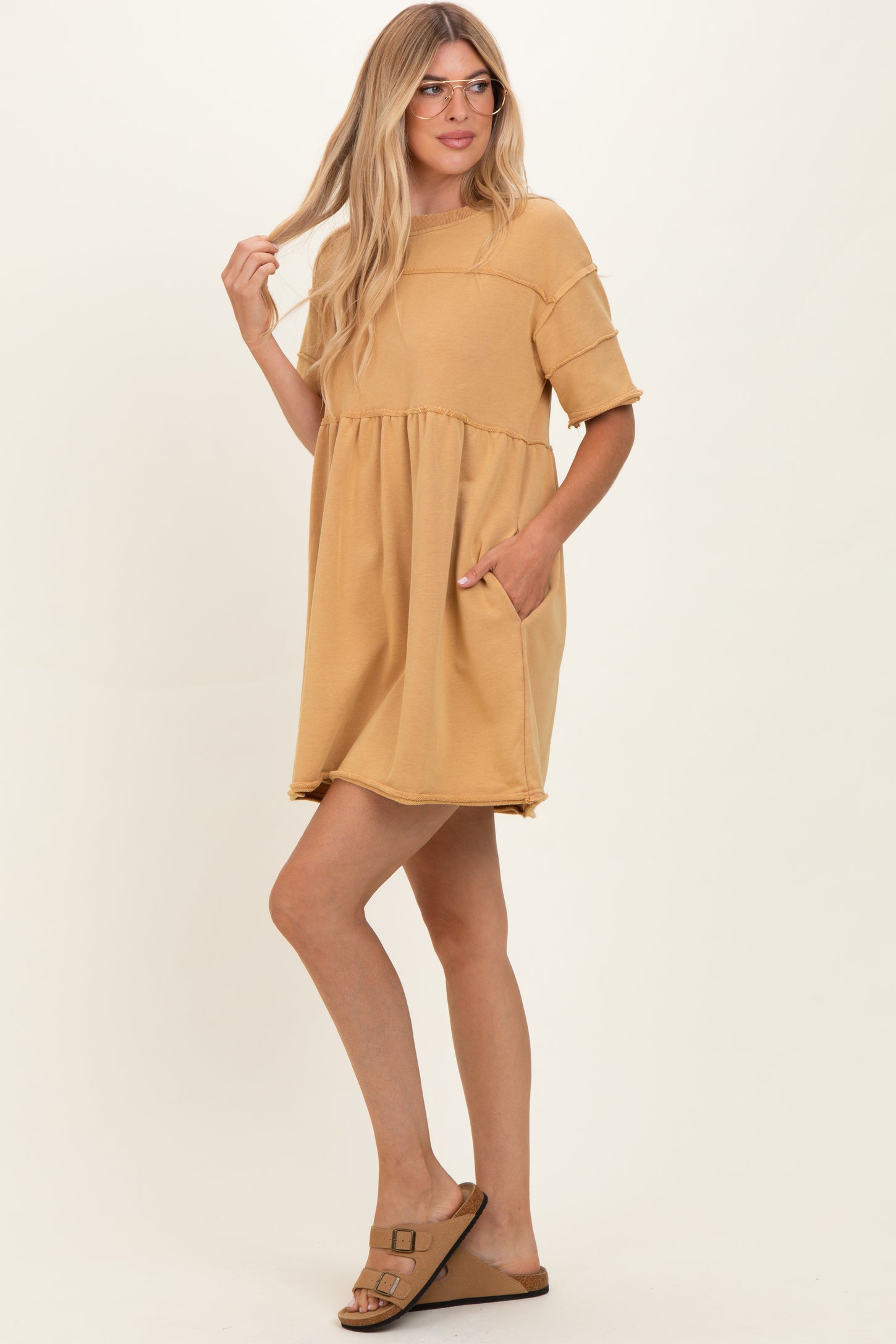 Camel Raw Hem Short Sleeve Dress
