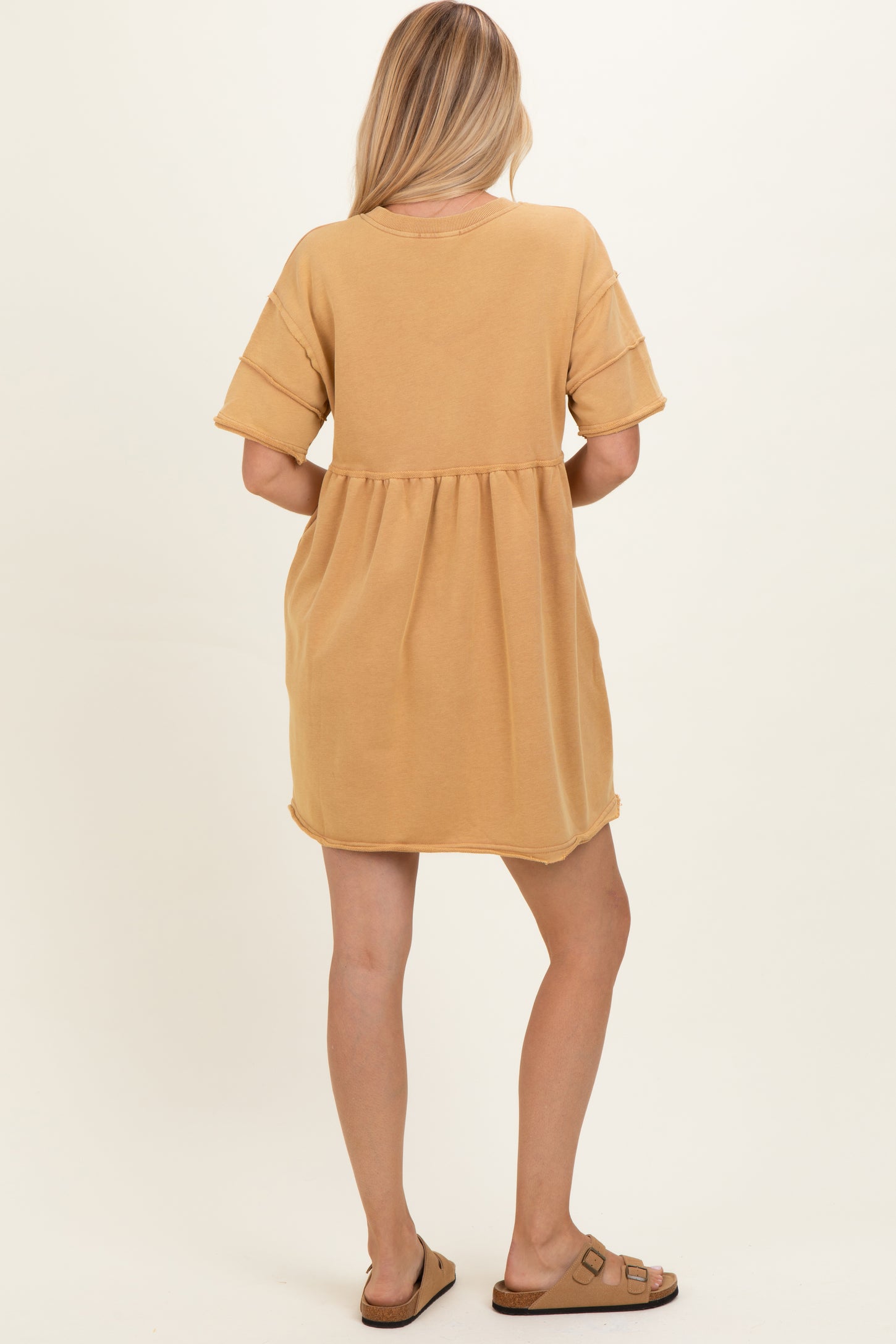 Camel Raw Hem Short Sleeve Dress