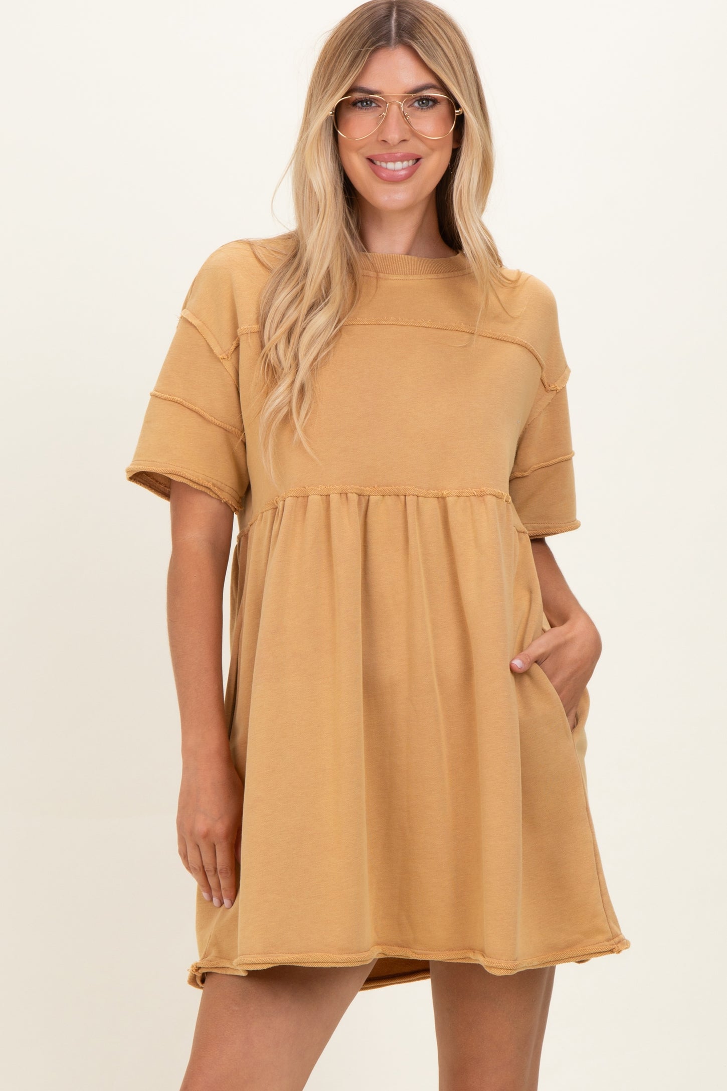 Camel Raw Hem Short Sleeve Dress