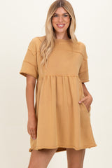 Camel Raw Hem Short Sleeve Dress