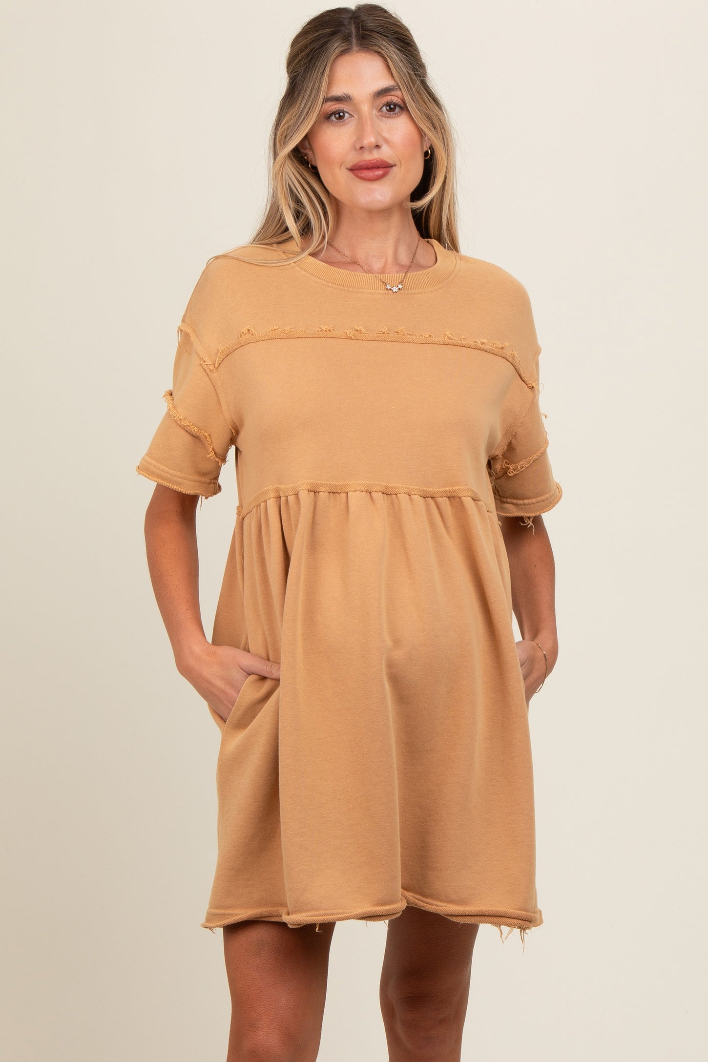 Camel Raw Hem Maternity Short Sleeve Dress