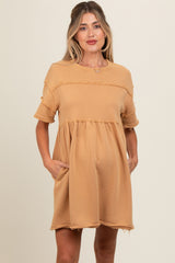 Camel Raw Hem Maternity Short Sleeve Dress
