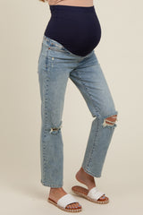 Light Blue Distressed Knee Crop Maternity Jeans