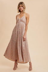 Coral Floral Pleated Cutout Back Maxi Dress