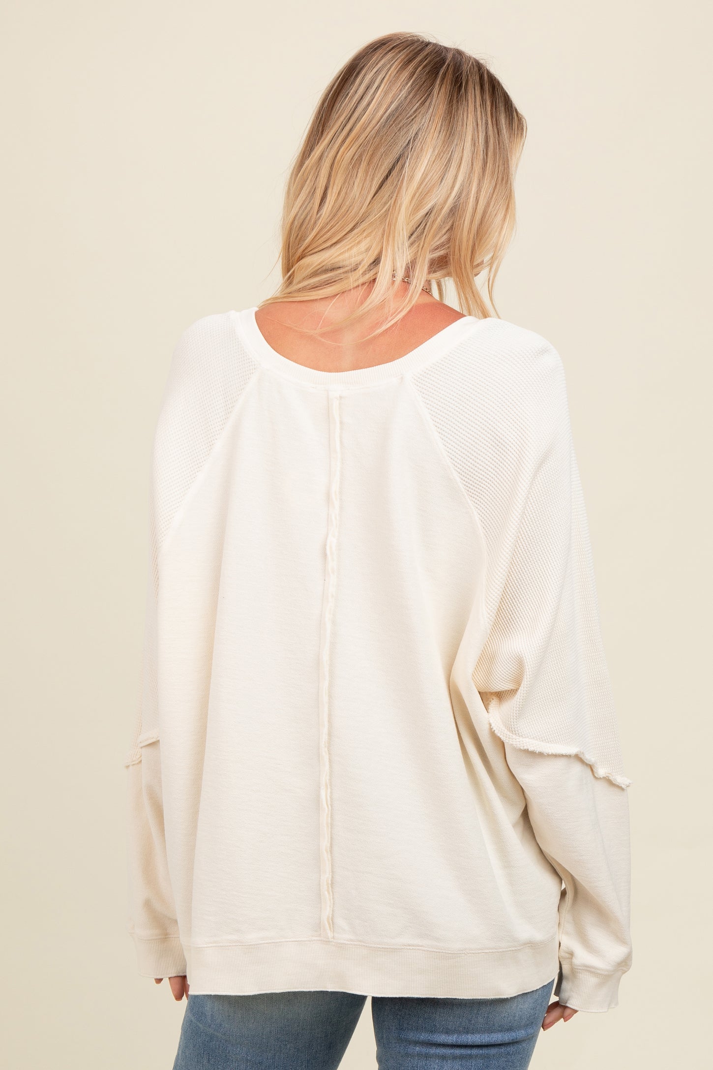 Cream Mixed Knit Raw Hem Pullover Top