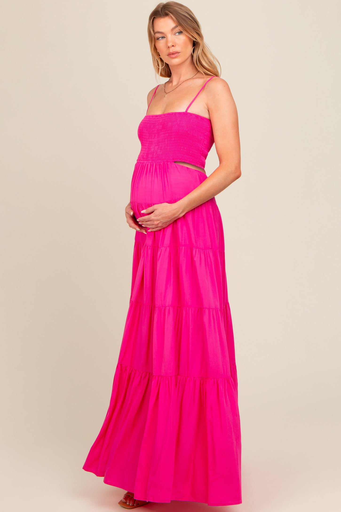 Pink Smocked Cutout Maternity Maxi Dress