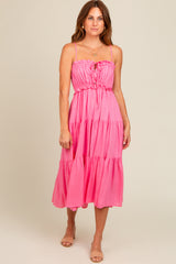 Fuchsia Front Tie Cutout Tiered Maternity Midi Dress