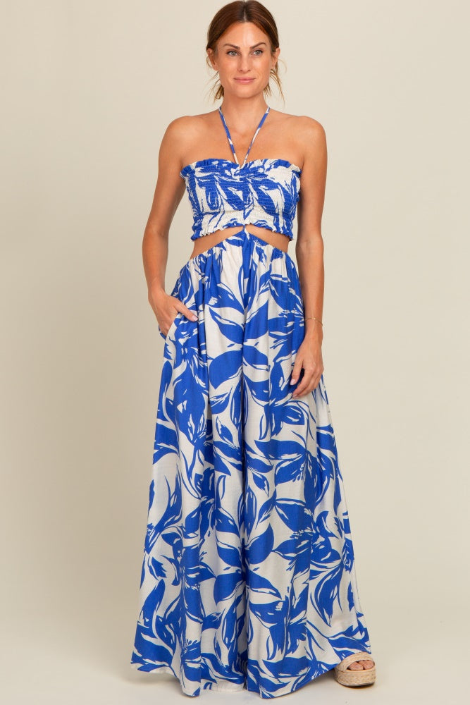Royal Blue Tropical Print Cutout Smocked Maternity Jumpsuit
