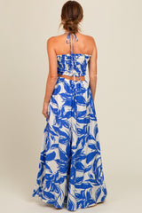 Royal Blue Tropical Print Cutout Smocked Jumpsuit