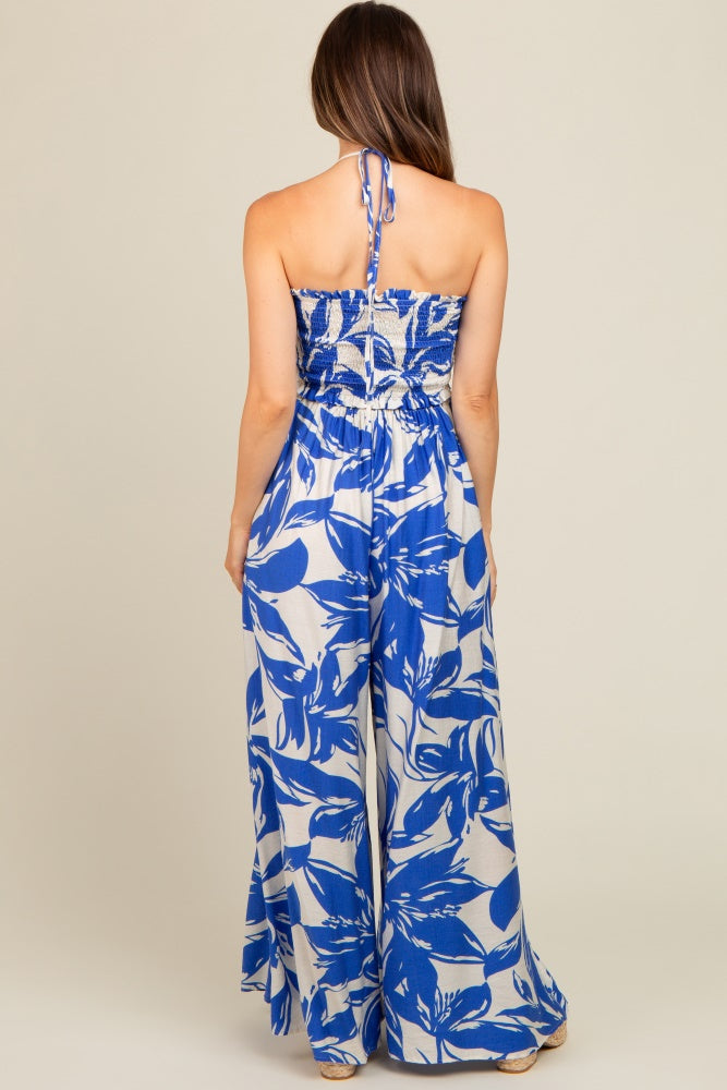 Royal Blue Tropical Print Cutout Smocked Maternity Jumpsuit