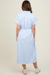 Light Blue Pin Stripe Sash Tie Maternity Midi Dress