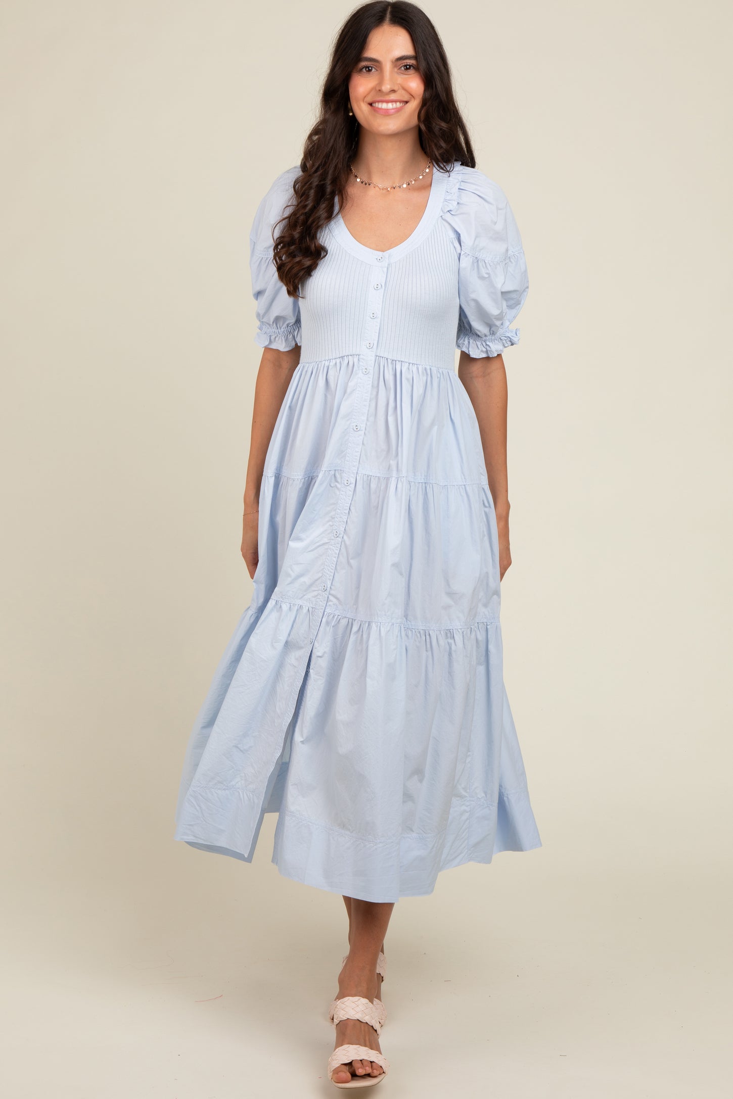 Light Blue Contrast Top Tiered Midi Dress