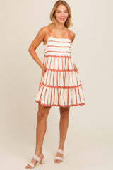Rust Contrast Stripe Wavy Trim Dress