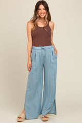 Light Blue Chambray Wide Leg Drawstring Maternity Pants