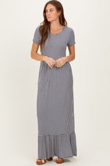 Navy Striped Short Sleeve Maxi Dress