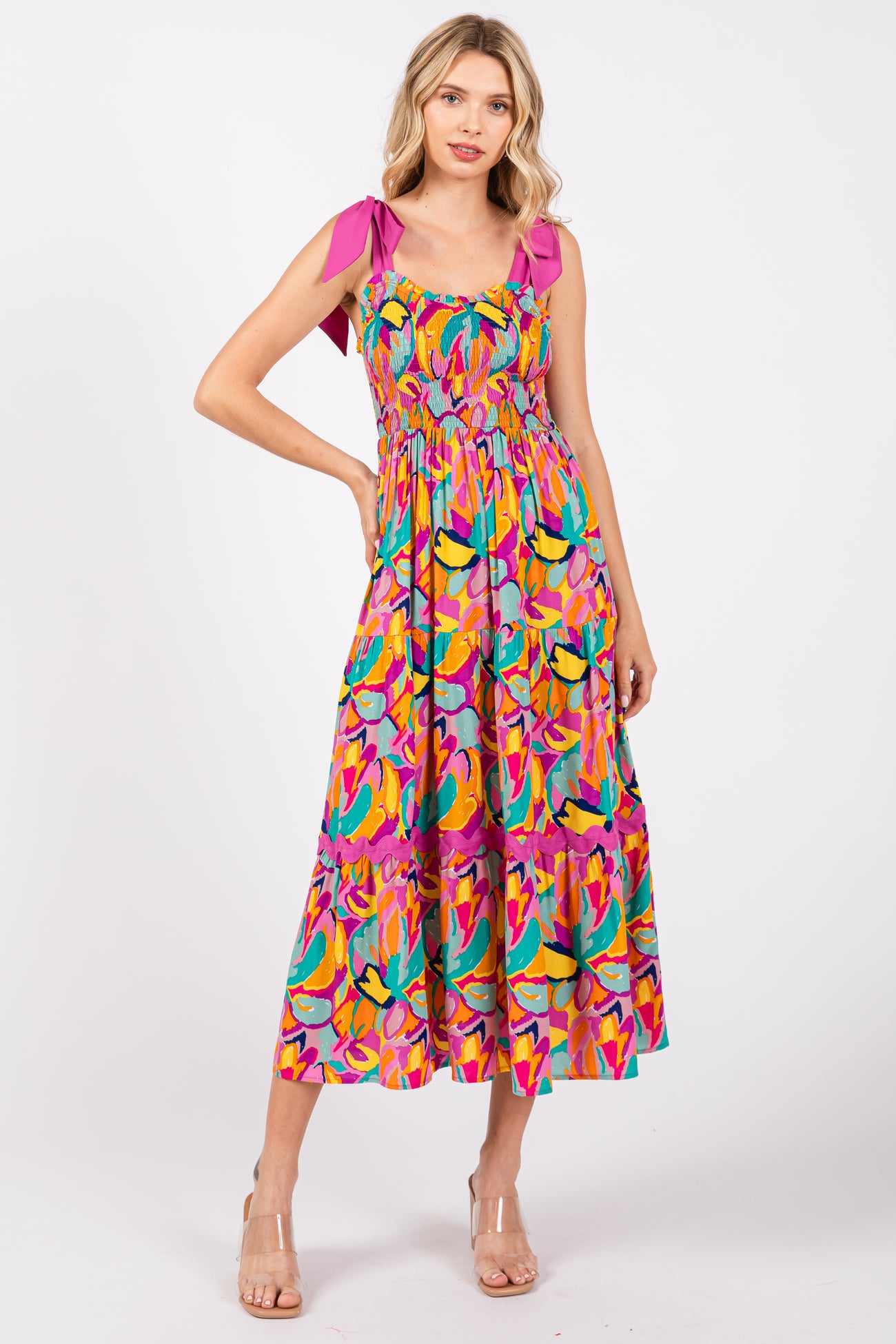 Pink Green Printed Midi Dress