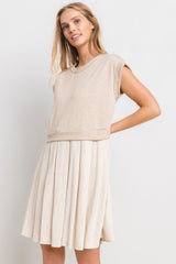 Oatmeal Contrast Pleated Mini Dress