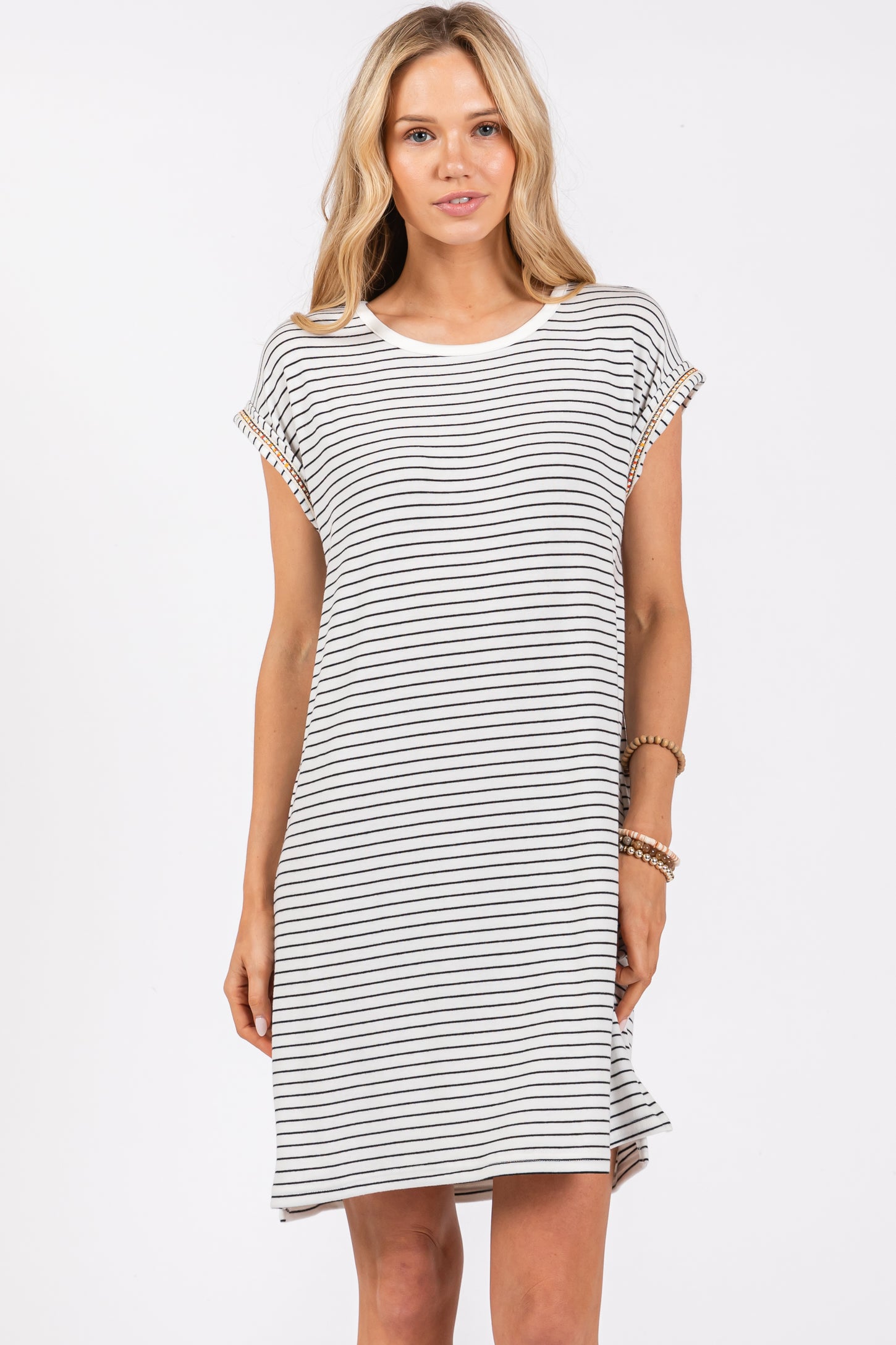 White Striped Maternity Side Slit T-Shirt Dress