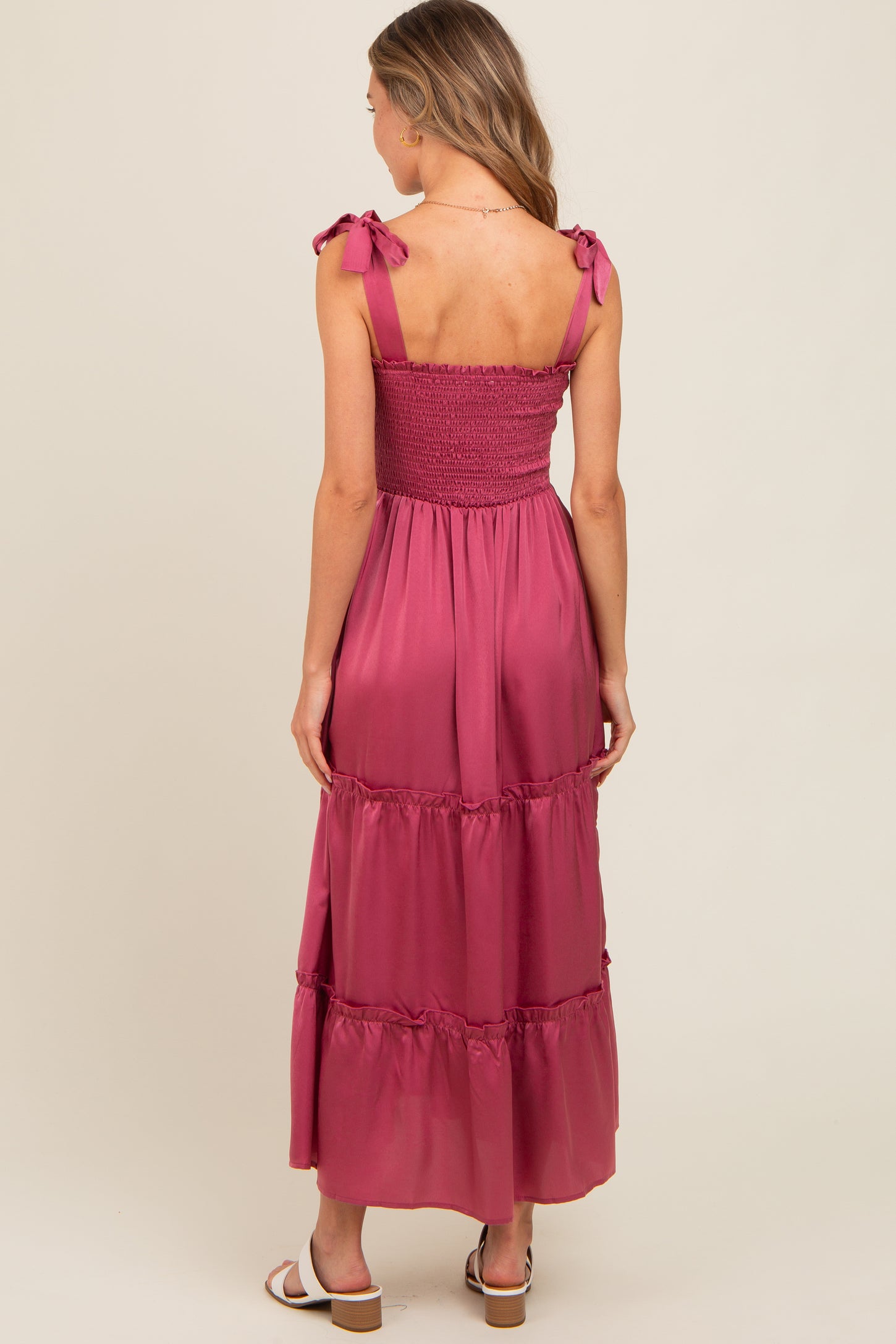 Mauve Satin Smocked Maxi Dress