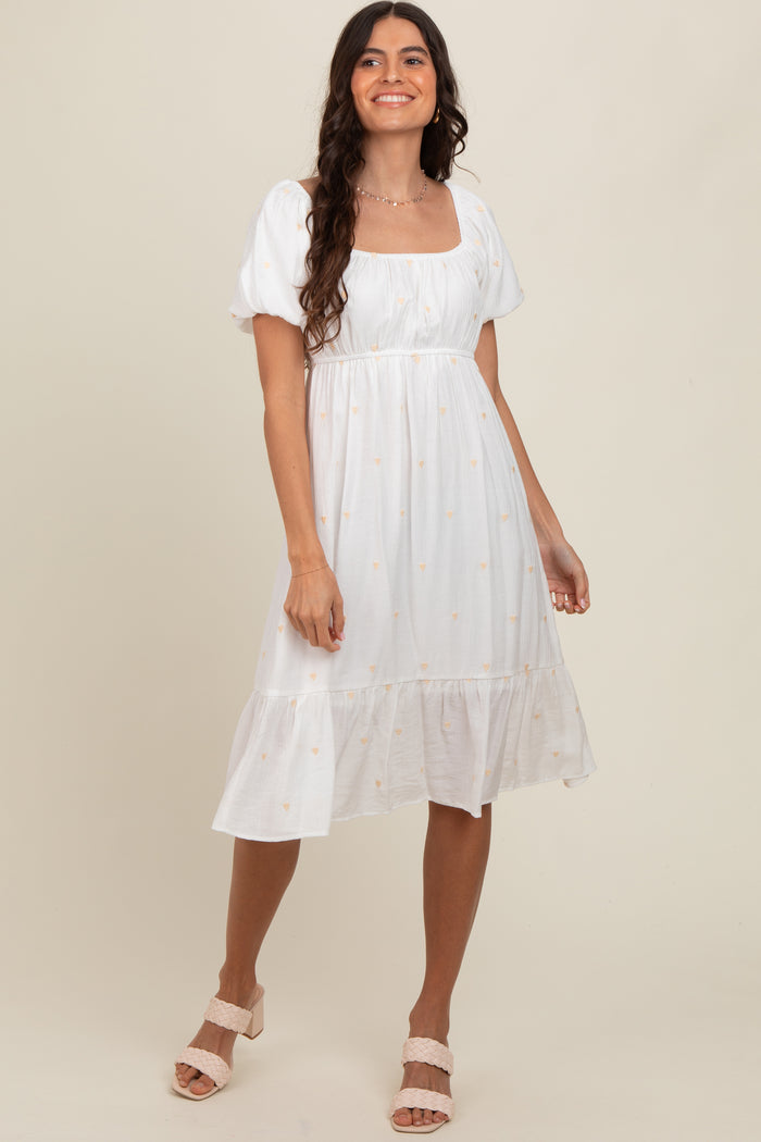 White Heart Embroidered Short Puff Sleeve Maternity Midi Dress