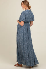Blue Floral Button Down Maternity Maxi Dress
