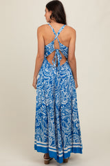 Blue Paisley Cutout Back Maxi Dress