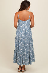 Blue Floral Tiered Maternity Midi Dress