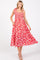 Red Printed Smocked Shoulder Tie Midi Dress