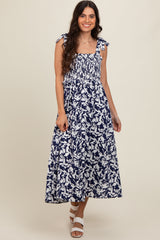 Navy Printed Smocked Shoulder Tie Midi Dress
