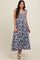 Navy Printed Smocked Shoulder Tie Midi Dress