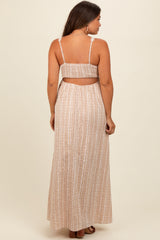 Beige Striped Back Cut Out Maternity Maxi Dress
