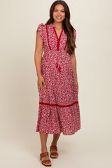 Red Floral Lace Trim Maternity Midi Dress