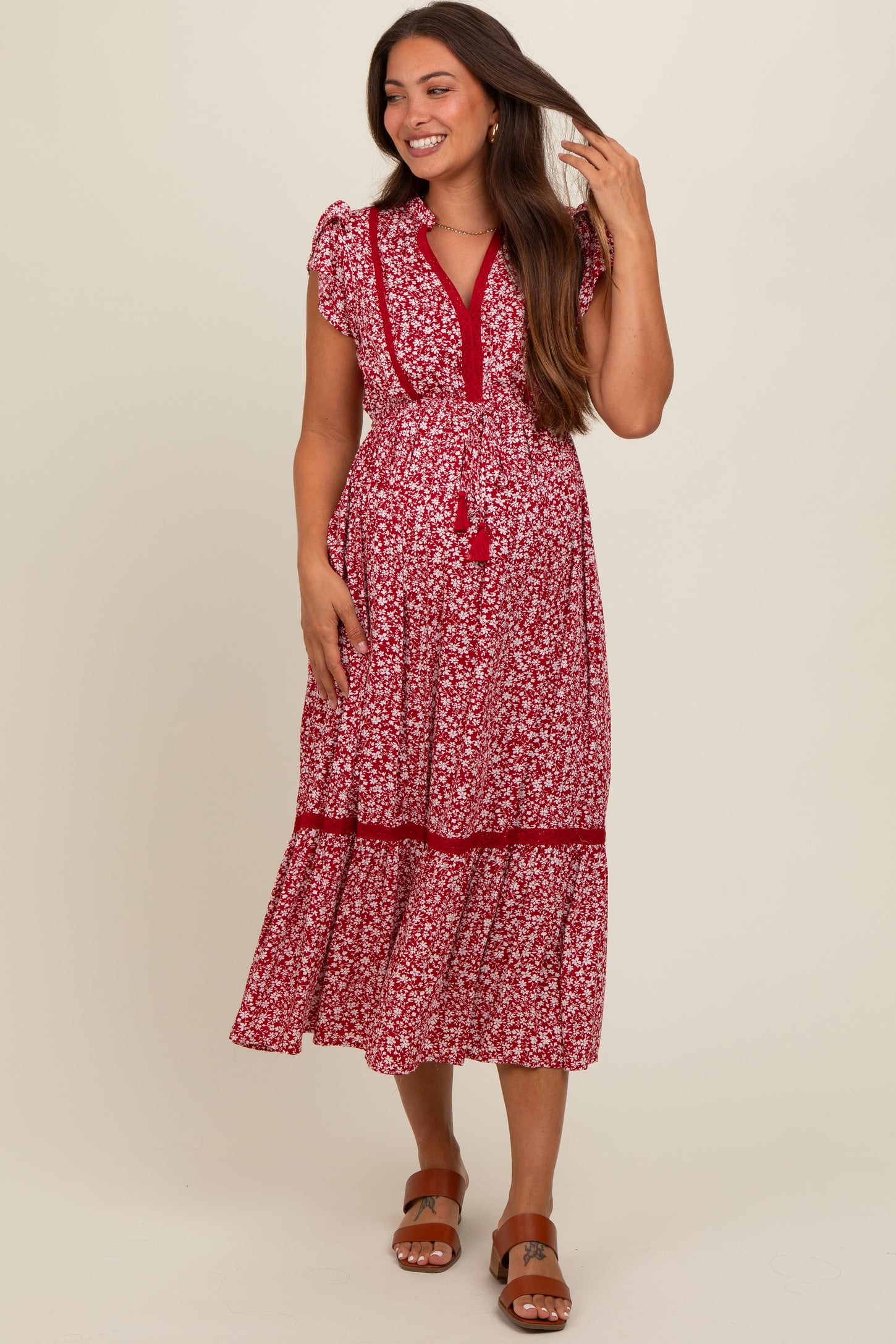 Red Floral Lace Trim Maternity Midi Dress