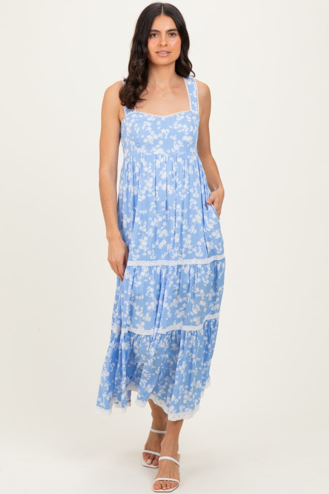 Light Blue Floral Lace Trim Tiered Maxi Dress