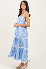 Light Blue Floral Lace Trim Tiered Maxi Dress