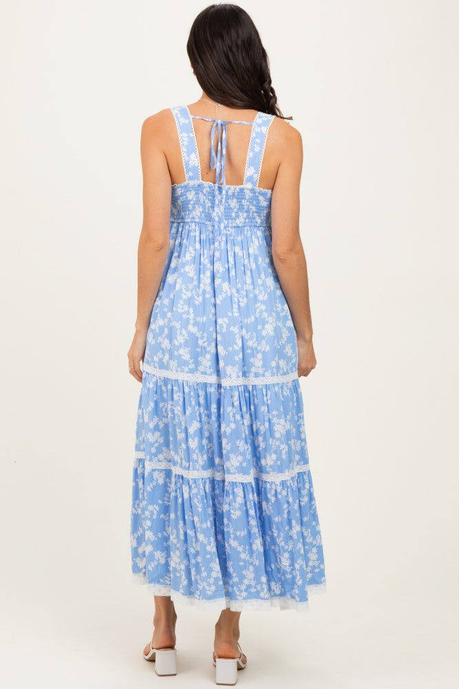 Light Blue Floral Lace Trim Tiered Maxi Dress