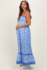 Blue Floral Shoulder Tie Maternity Maxi Dress