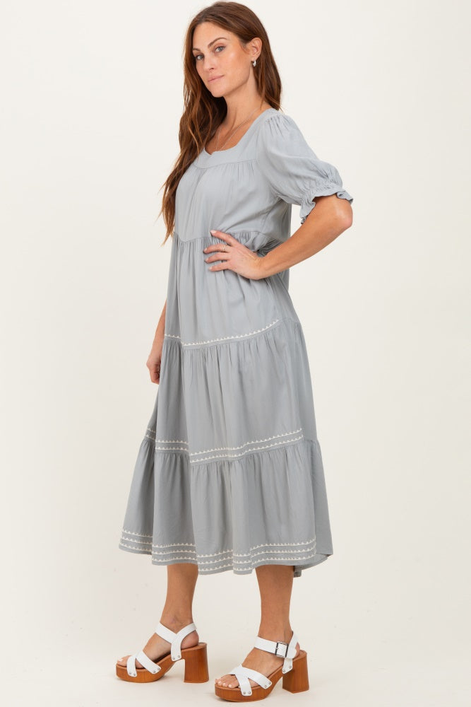 Grey Embroidered Tiered Midi Dress