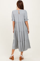 Grey Embroidered Tiered Midi Dress
