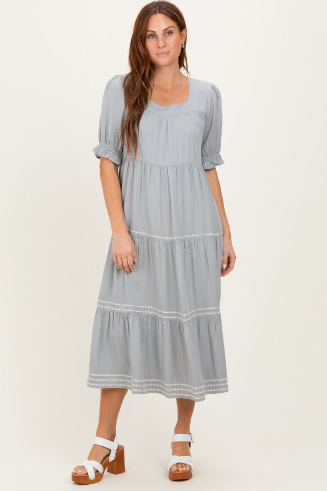 Grey Embroidered Tiered Midi Dress