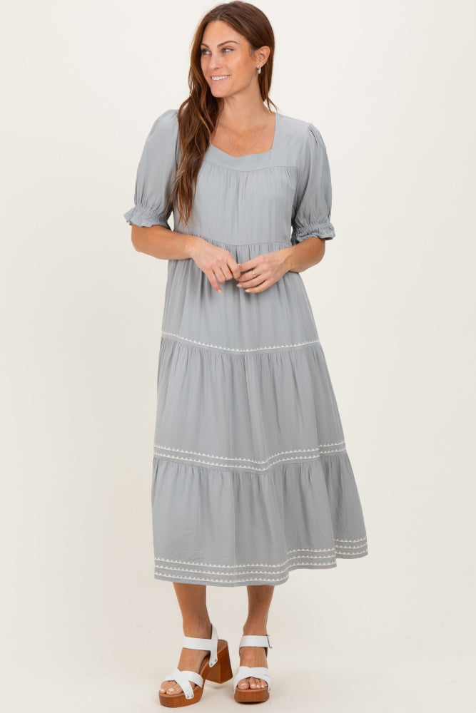 Grey Embroidered Tiered Midi Dress