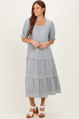 Grey Embroidered Tiered Midi Dress