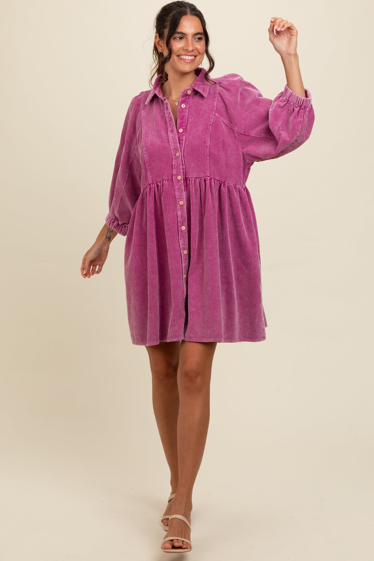 Magenta Corduroy Button Down Maternity Dress