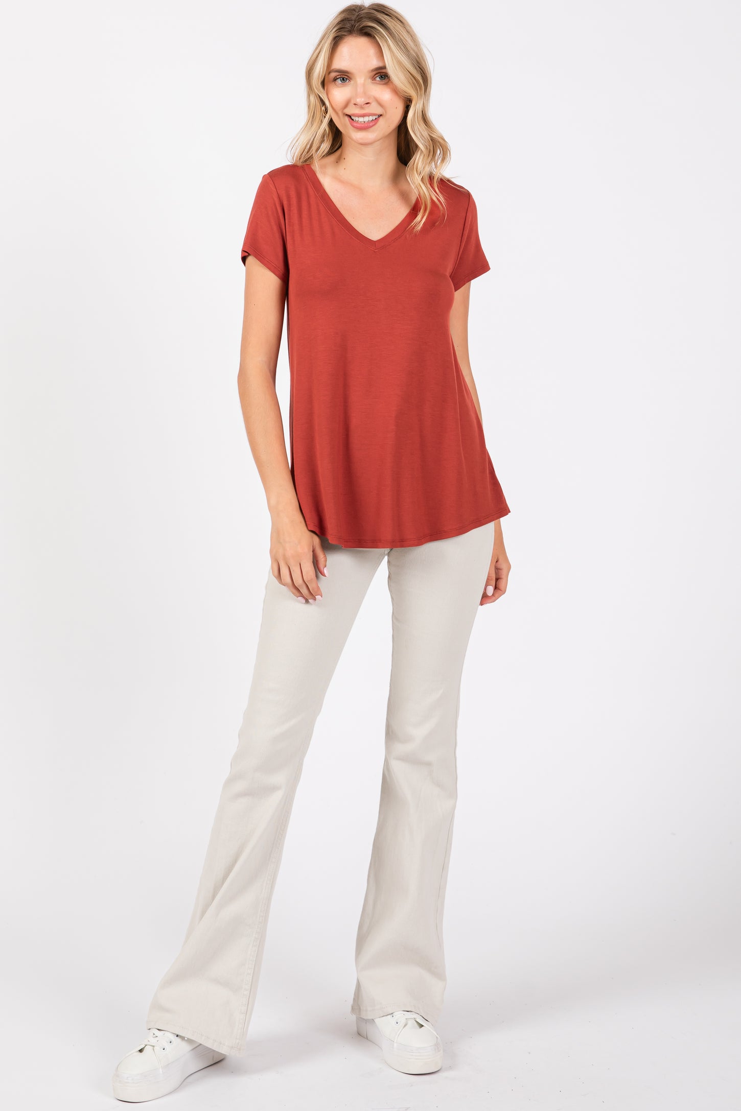 Rust Basic V-Neck Short Sleeve Top
